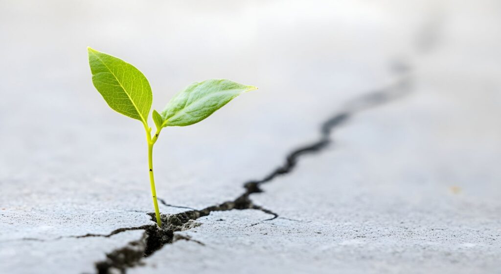 Green sprout growing through cracked pavement symbolizing resilience and recovery in chronic pain therapy