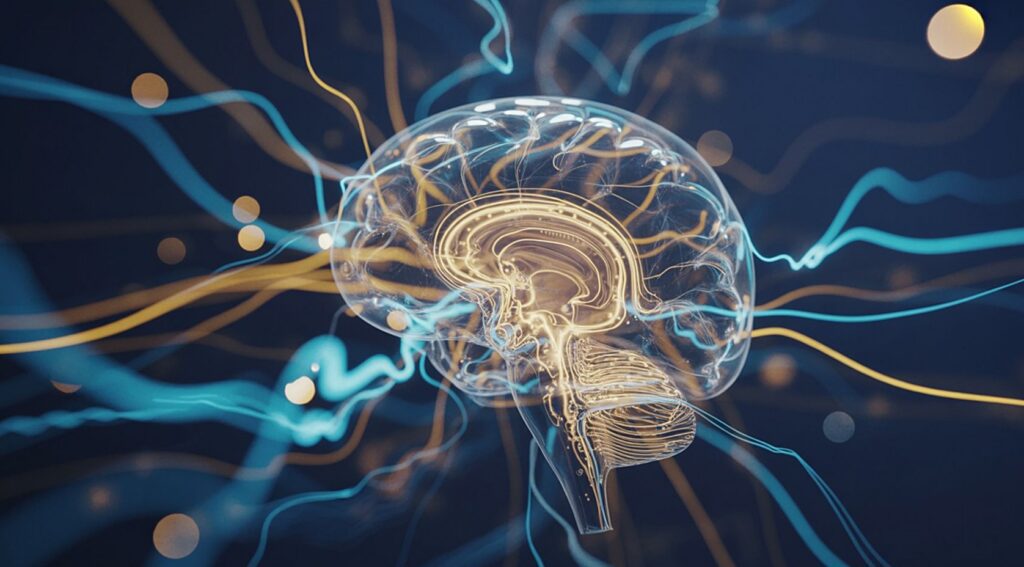 ADHD testing Chicago. Digital illustration of a glowing brain with neural connections. 