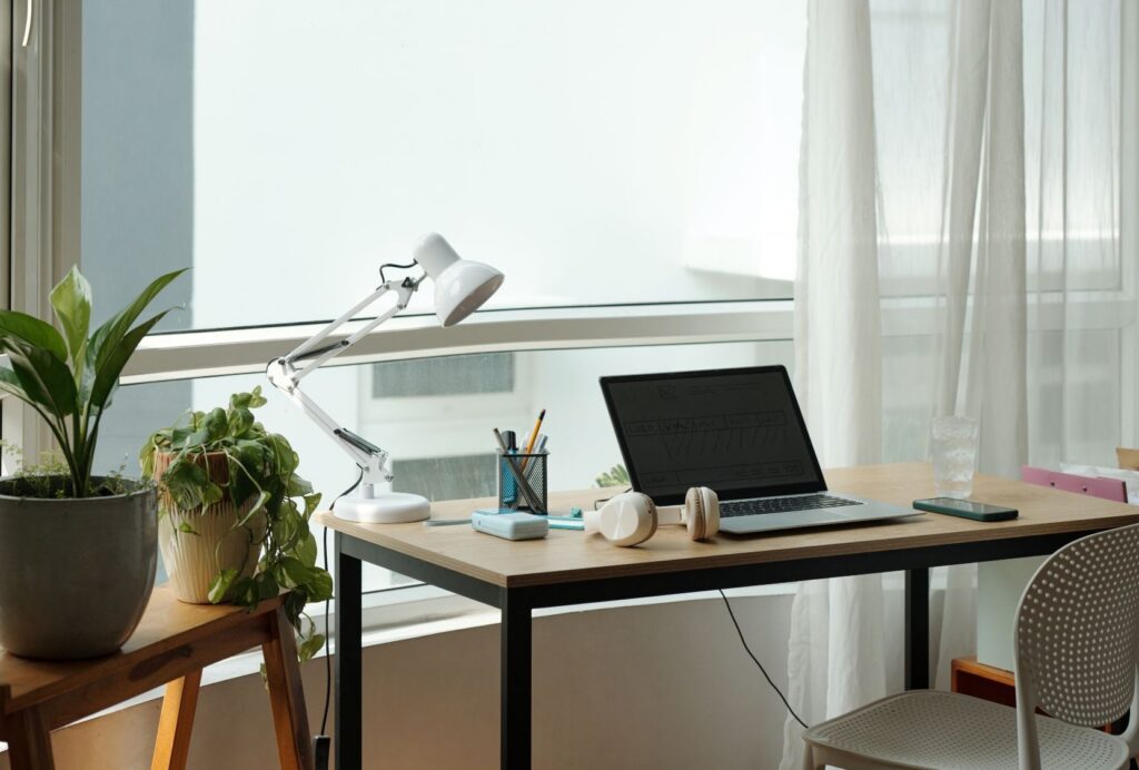Telehealth therapy in Illinois. Laptop on a cozy home desk beside a small plant in a warm, naturally lit workspace.